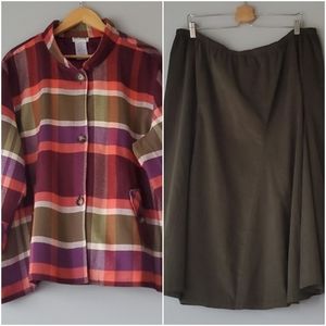Blair Burgundy Green Plaid 2 Piece 2XLP Midi Skirt and 3XL Jacket Set Womens